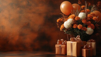 A bouquet of white and orange flowers with balloons and wrapped gifts  on a brown background.