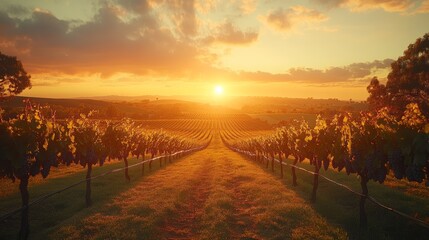 Obraz premium A breathtaking sunset casts a golden glow over rows of grapevines in a picturesque vineyard.
