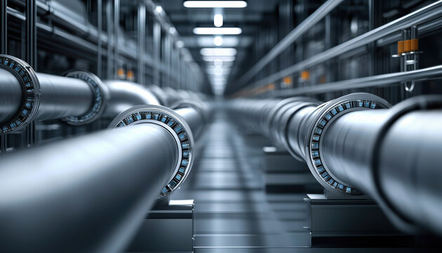 Data Flow Pipeline Integration Concept. A close-up view of industrial pipes running parallel in a modern facility, showcasing a sleek, metallic design and illuminated surroundings.