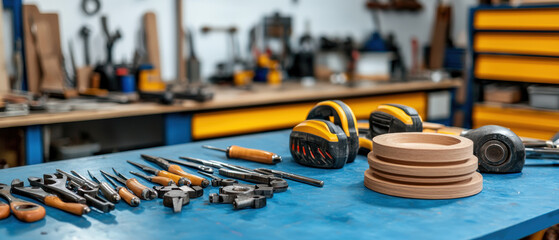 Fototapeta premium Equipment workshop background concept. A well-organized workshop featuring various hand tools, ear protection, and wooden pieces on a blue workbench, highlighting a creative crafting environment.