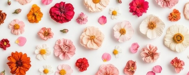 A vibrant array of colorful flowers arranged artistically on a white background, showcasing various shapes and shades.