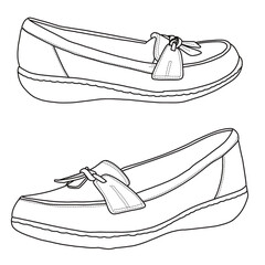 Women's Bubble Slip On Loafers Line art, Technical sketch hand drawing outline vector doodle 3D isometric side view isolated on white background for coloring page