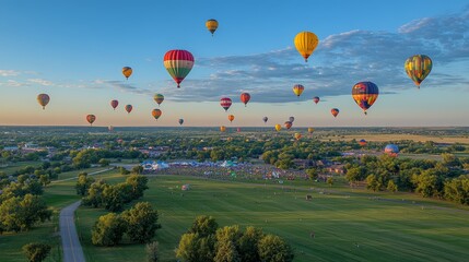A colorful array of hot air balloons floats above a crowd gathered at a festival in a rural setting, with a bright blue sky and fluffy white clouds in the background.