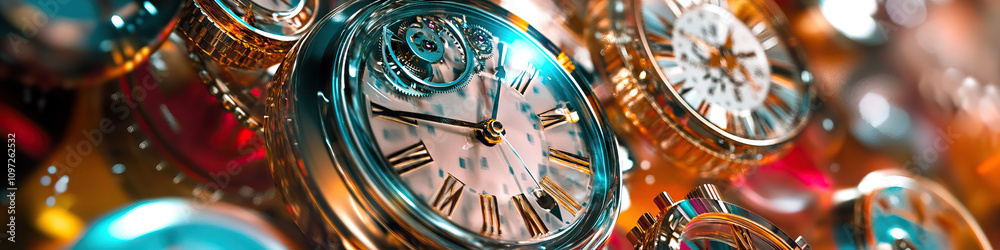 Wall mural an array of digital and analog clocks, their hands and numbers twisting and melting into abstract sh