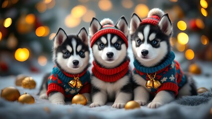 Fototapeta premium Christmas cheer with these adorable Husky pups.