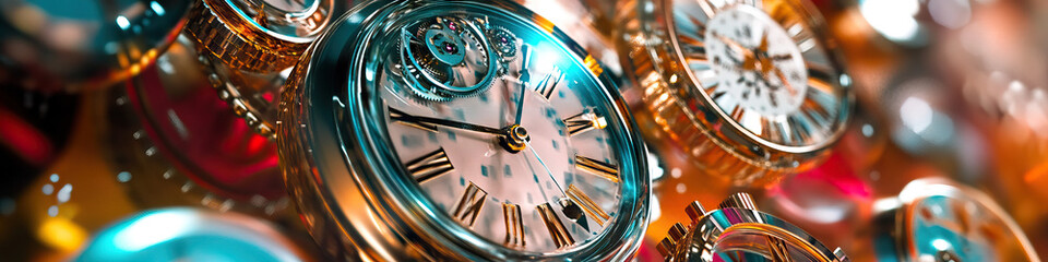 Naklejka premium An array of digital and analog clocks, their hands and numbers twisting and melting into abstract shapes.