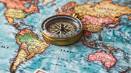 A compass sits on top of a vintage world map, representing travel and exploration.