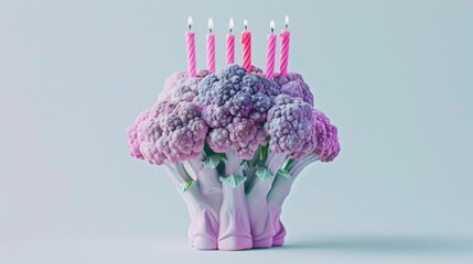 Colorful broccoli with birthday candles on top, celebrating a healthy lifestyle with a unique twist. Concept of fun and nutritious celebrations.