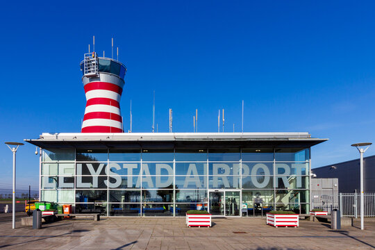 Lelystad Airport arrivals and departures passenger terminal and control tower. Lelystad, The Netherland