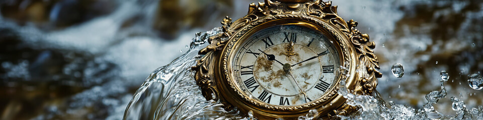 Fototapeta premium A delicate antique mantel clock, its hands almost imperceptible as they move slowly against a background of flowing water.