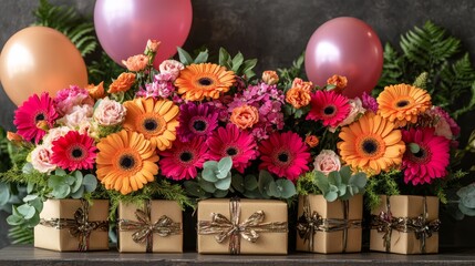 A festive arrangement of orange and pink gerbera daisies, wrapped gifts, and balloons.