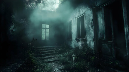 Misty Ruins Illustration: Overgrown Abandoned Building