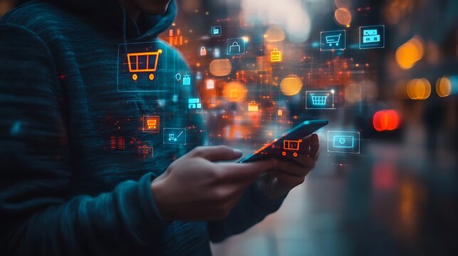  Smart retail technology and omnichannel concept. A person touching retail marketing icon on the virtual screen for channel E-commerce shopping. online retail shopping and omni-digital app design 