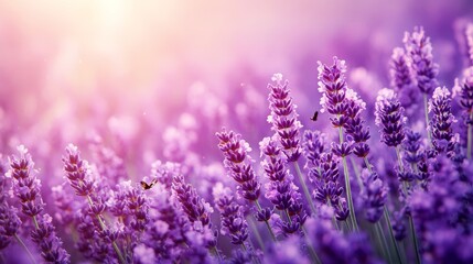 Fototapeta premium A field of purple lavender flowers bathed in warm sunlight with butterflies flying above.