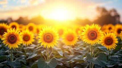Obraz premium A field of sunflowers in full bloom at sunset, with the sun shining brightly behind them.