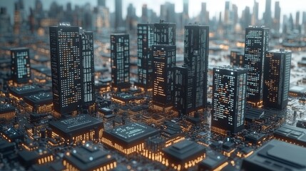 A futuristic city built on a circuit board, symbolizing the relationship between technology and urban development.