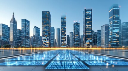 A futuristic cityscape with a glowing digital grid in the foreground.