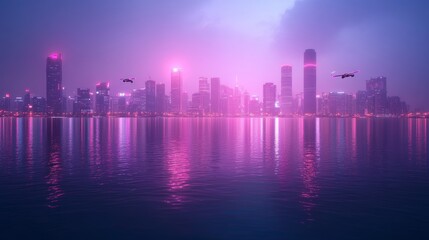 Obraz premium A futuristic cityscape with glowing pink lights, silhouetted against a purple sky, with two drones flying overhead. The city's reflection is visible in the calm water below.