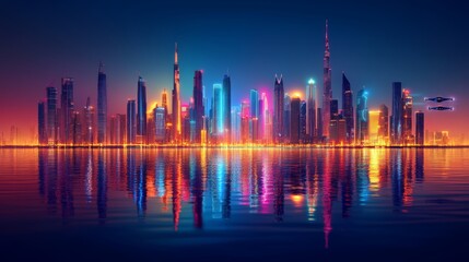 Fototapeta premium A futuristic cityscape with vibrant neon lights reflected in the water, showcasing a modern and advanced city.