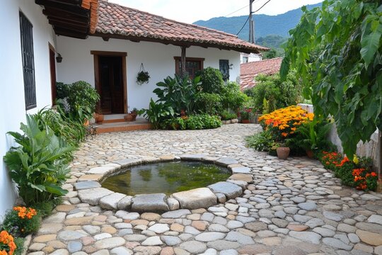 A peaceful garden in Angra do Hero&Atilde;&shy;smo, with vibrant flowers, fountains, and cobblestone pathways
