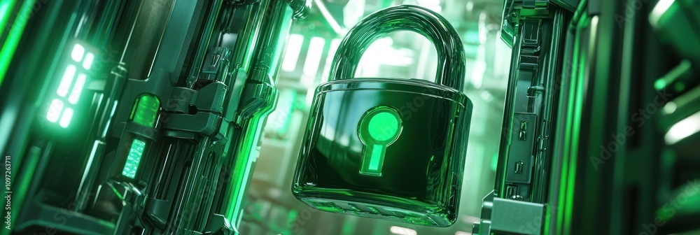 Poster futuristic green padlock with glowing keyhole in a digital environment.