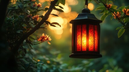 A glowing lantern hangs from a tree branch in a garden at sunset.