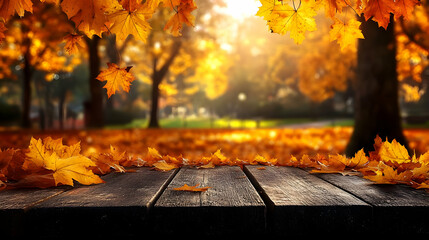Autumn Background Image: Wooden Table with Falling Leaves