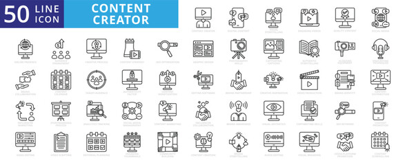Content creator icon set with target audience, online presence, social media management, influencer marketing, monetization, creative process, strategy, seo optimization, and graphic design