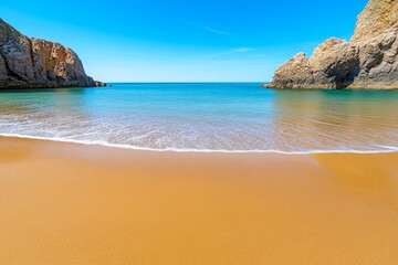 Obraz premium A quiet beach framed by rocky cliffs, with azure waves gently rolling onto the shore