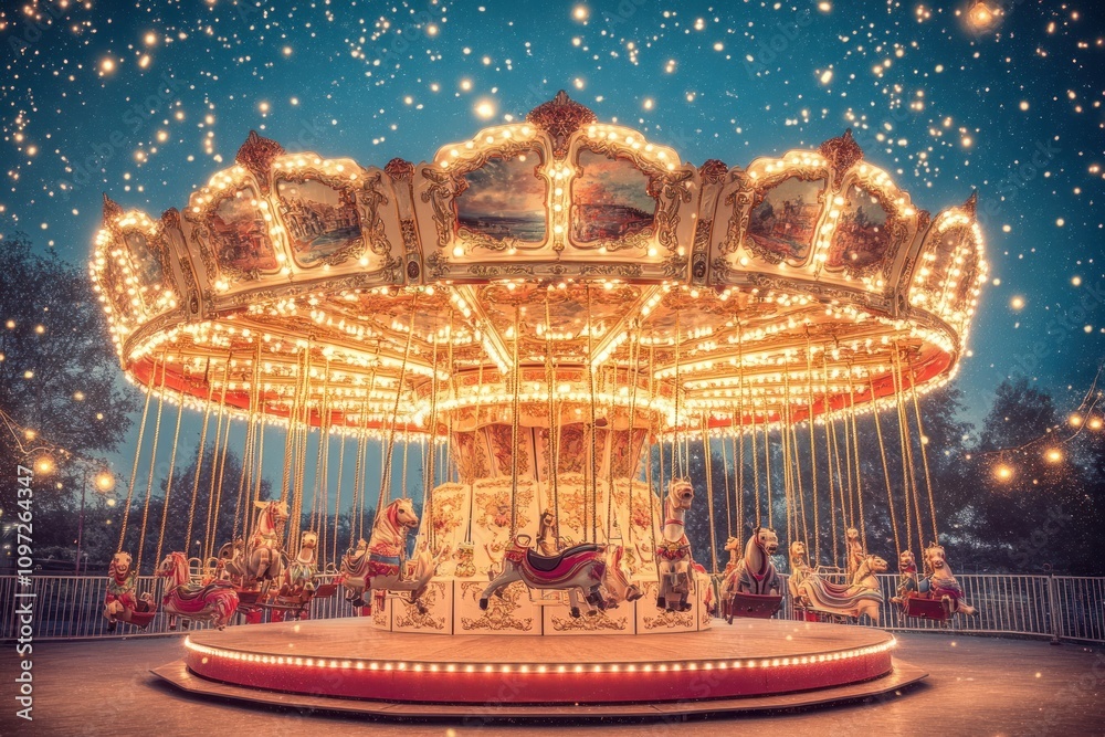 Aufkleber a beautifully lit carousel with ornate horses, creating a whimsical and nostalgic atmosphere.