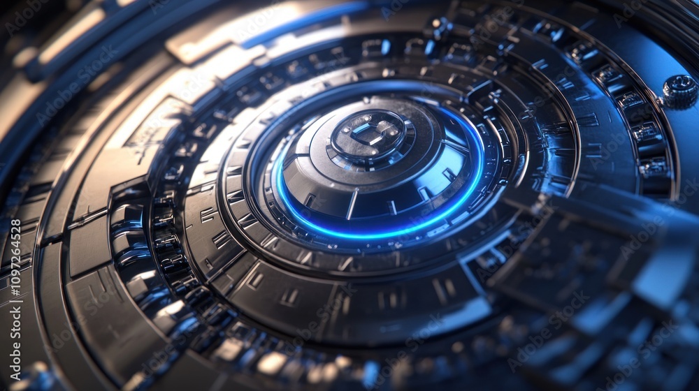 Poster close-up of a futuristic metallic mechanism with a glowing blue ring.