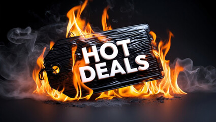 Burning black price tag with hot deals text in flames on smoky background