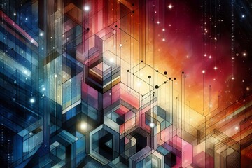 Obraz premium Abstract backdrop with vibrant geometric shapes and lines in a techno style