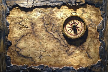 Golden compass is lying on top of an old treasure map set within a dark, weathered wooden frame, creating a captivating scene of adventure and discovery