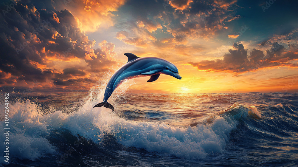 Poster stunning dolphin leaping from the ocean waves at sunset with a cloudy sky in the backdrop
