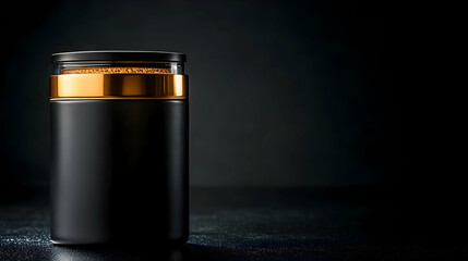 Elegant black jar with gold accents on dark background.