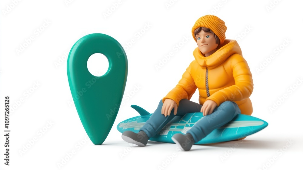 Poster a stylized character in an orange jacket sits on a surfboard next to a location pin.