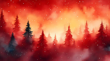 Naklejka premium Red and Orange Watercolor Forest Illustration