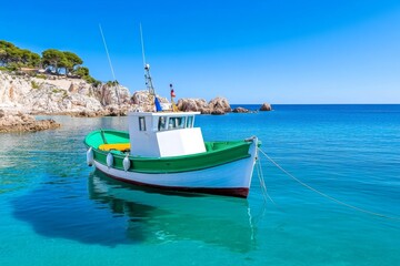 A small fishing boat anchored in a calm azure bay surrounded by rocky outcroppings
