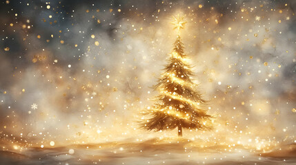 Golden Christmas Tree Winter Illustration