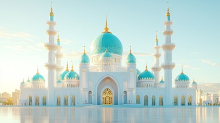 Obraz premium A majestic white mosque with blue domes and golden accents stands tall against a clear sky, reflecting in a still pond.