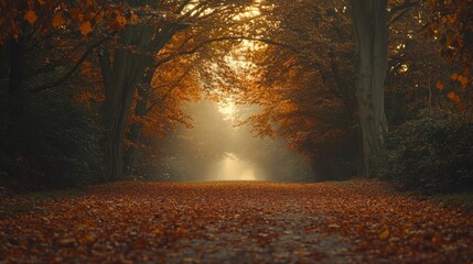 A misty path through a forest in autumn with golden leaves on the ground.