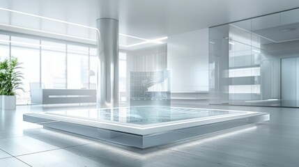Obraz premium A modern office lobby with a large, square platform with a glass top and a glowing, translucent image inside.