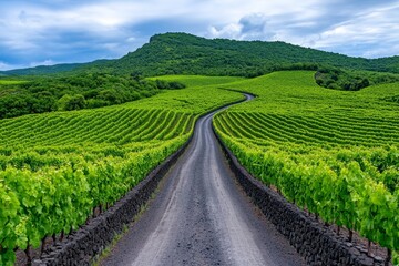 Naklejka premium A stunning aerial view of vineyards on Pico Island, with basalt stone walls dividing the lush greenery