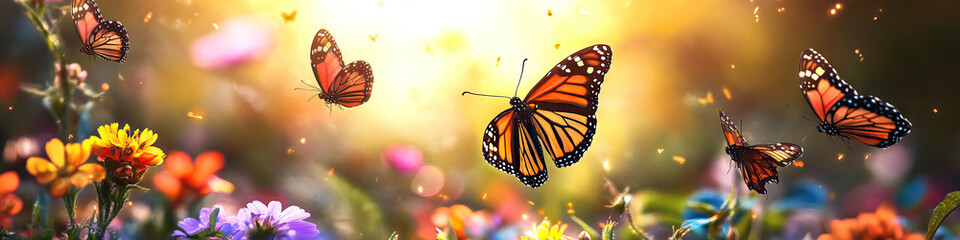 Dance of Butterflies: A close-up of vibrant butterflies fluttering around a flower-filled meadow.