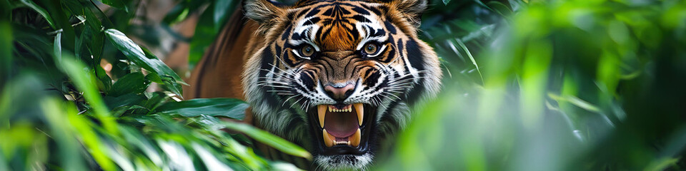 A snarling tiger, teeth bared, standing defiantly amidst lush green foliage.