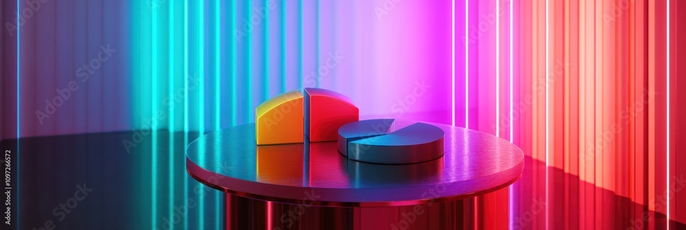 Poster a colorful pie chart on a reflective surface with vibrant light streaks in the background.