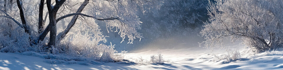 Frosty Breath of Winter: A snow-covered landscape, with trees bent under the weight of ice-encrusted branches.