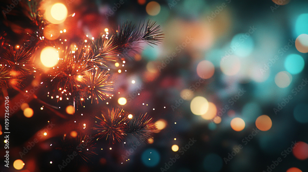 Aufkleber festive christmas lights illuminating pine branches, creating a magical atmosphere with a softly blu