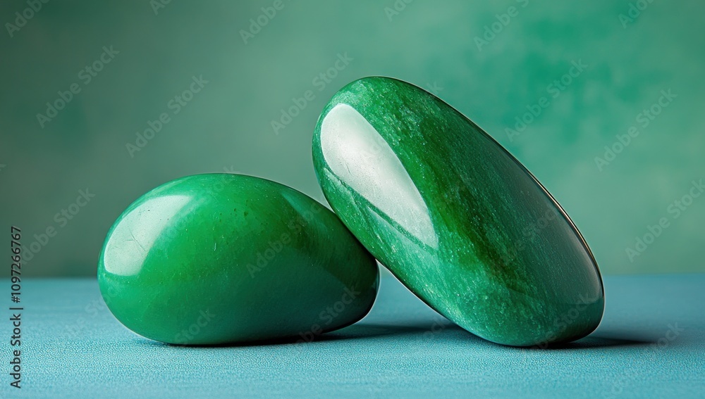 Aufkleber two polished green stones resting on a soft surface, highlighting their smooth texture and color.